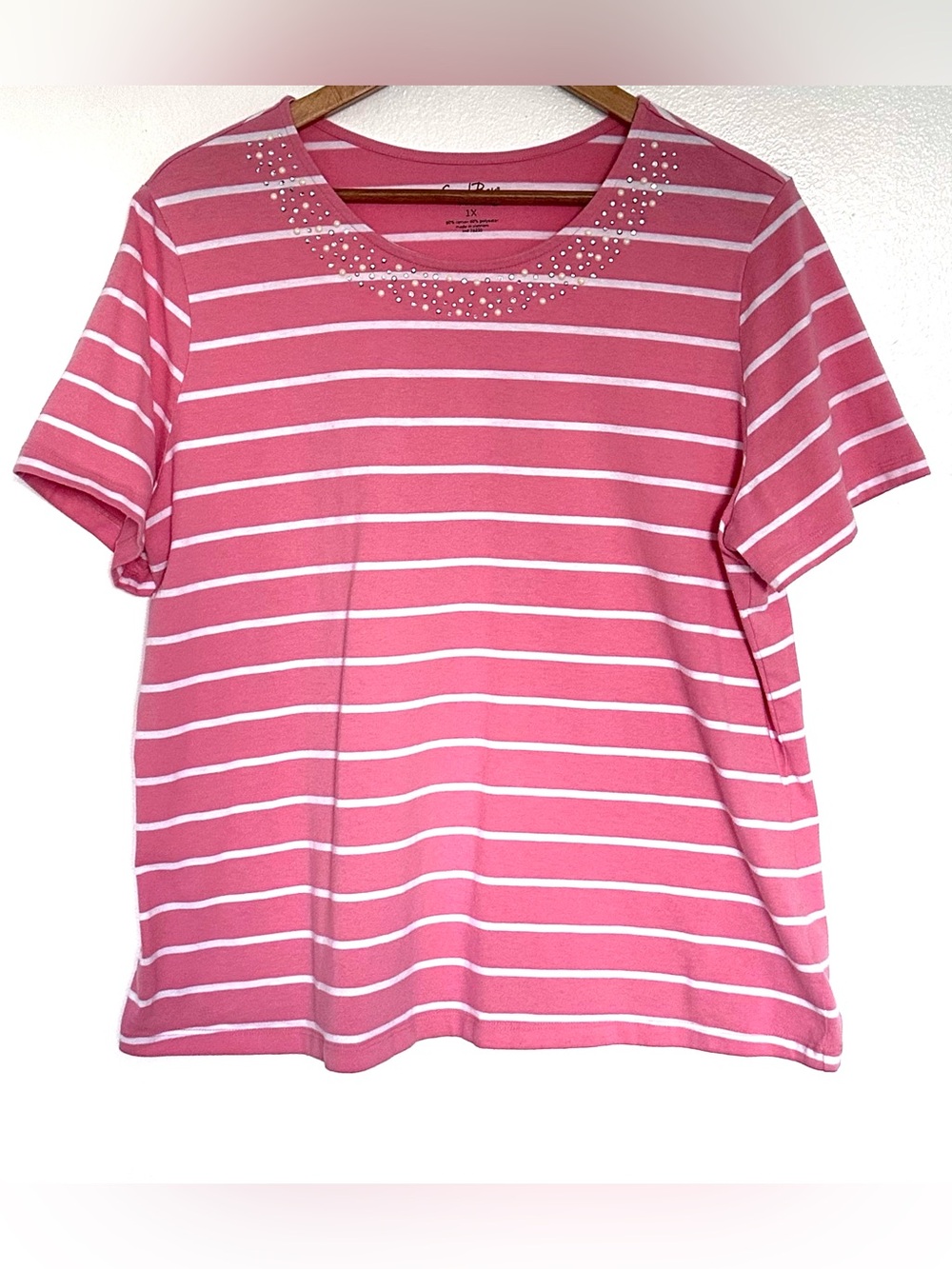 Coral Bay Plus Shirt Women’s 1X Striped Rhinestones Short Sleeve Pullover Top